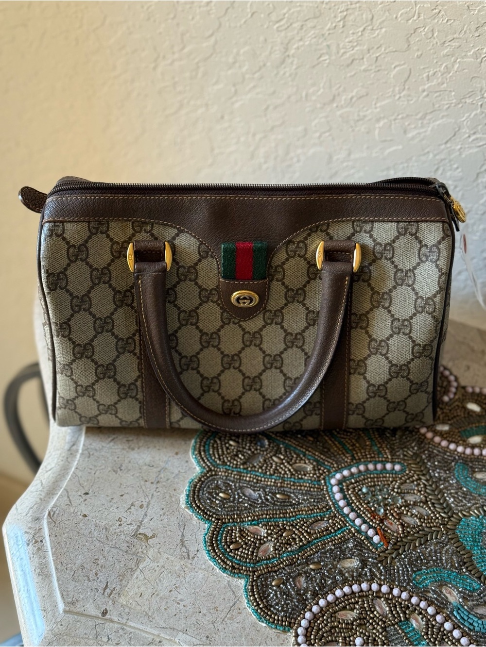Gucci Brown Ophidia Boston Satchel with Green-Red Web Accent